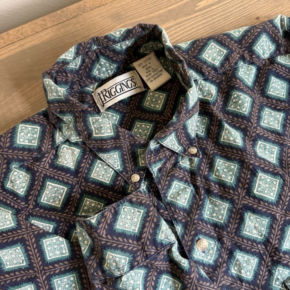 J. Riggings Mens‎ Large Vintage 1990's Geometric Long Sleeve Button Down Shirt